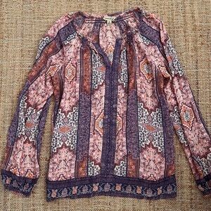 Lucky Brand Long Sleeve Boho Tribal Print Blouse V-neck Medium